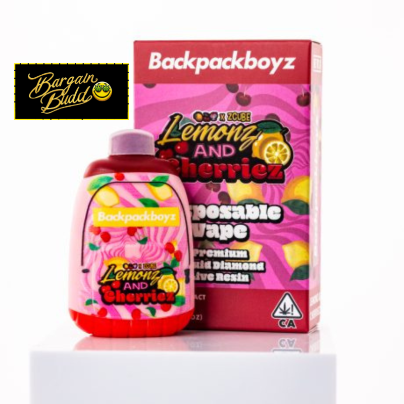 Gold-amber live resin oil inside the sleek Backpackboyz Lemonz and Cherriez Disposable Vape device.