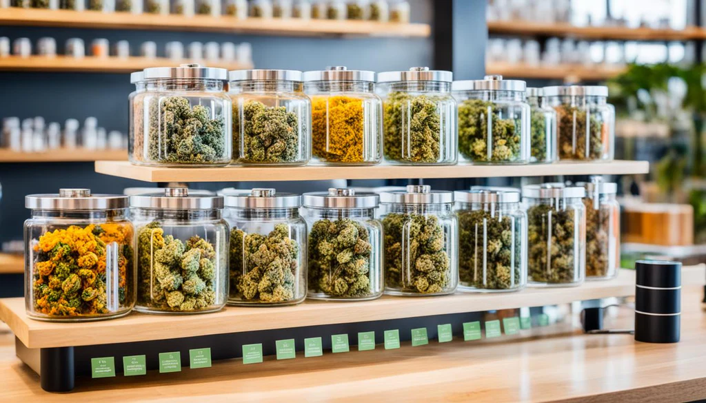 Premium botanical flower products displayed on a clean countertop inside a modern cannabis dispensary storefront.