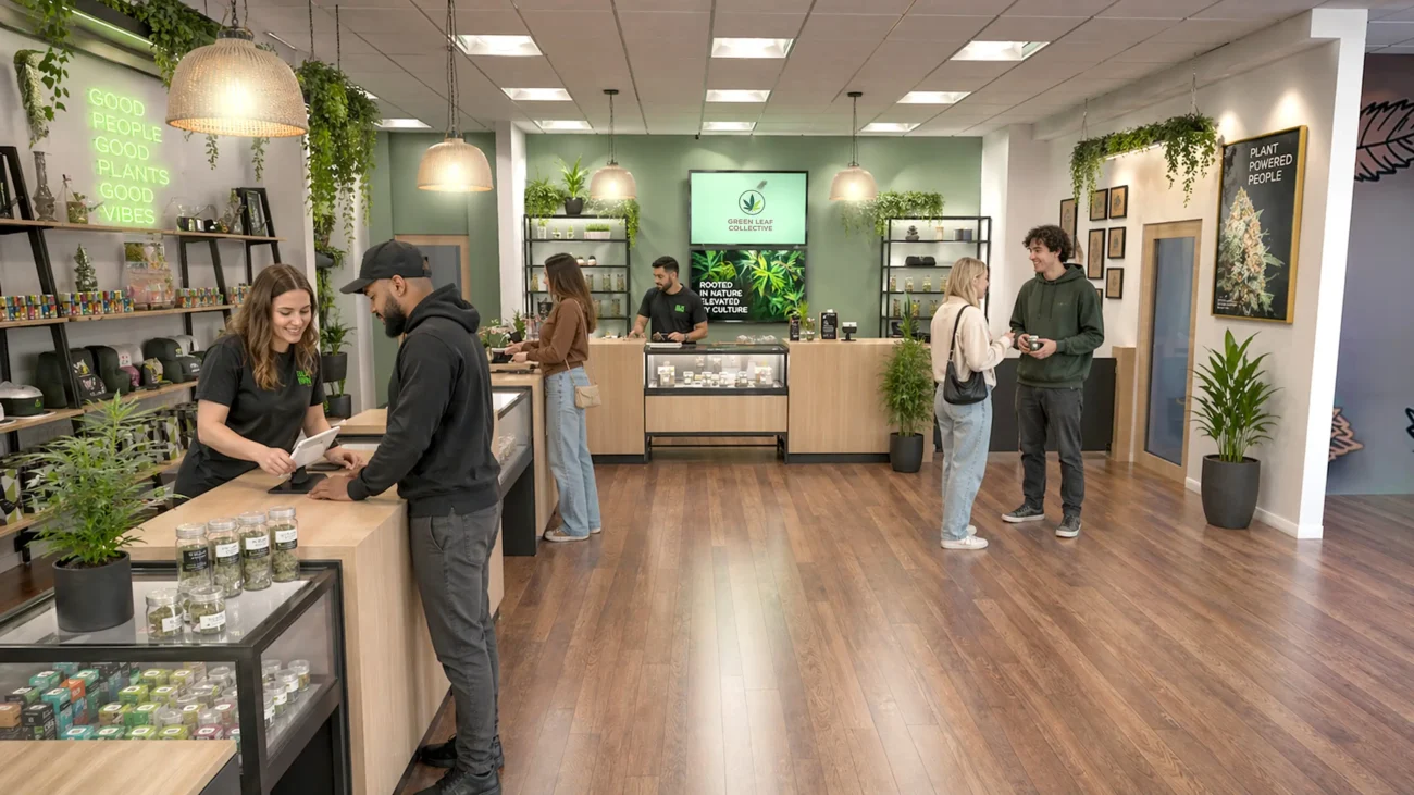 A premium selection of fresh green cannabis buds inside a clean dispensary display case showing high quality options