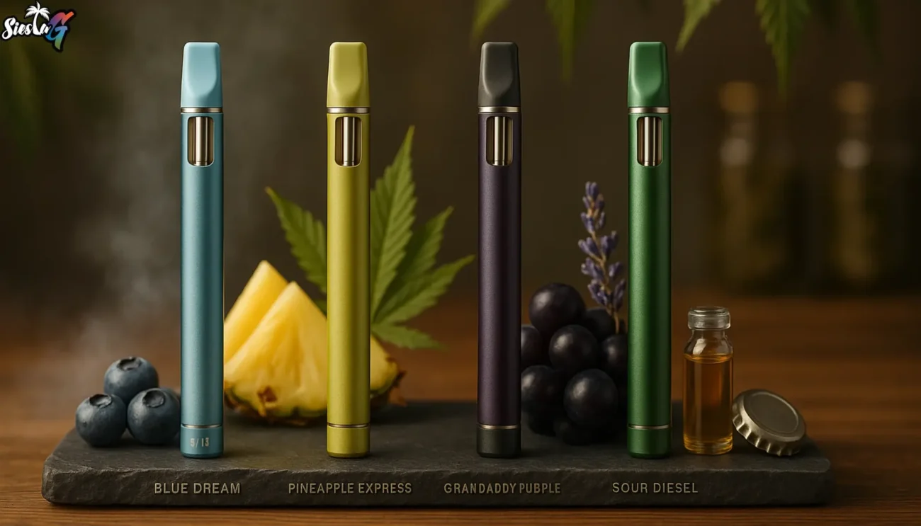 A highly detailed photograph of the best disposable vapes near me displayed on a polished wooden counter.