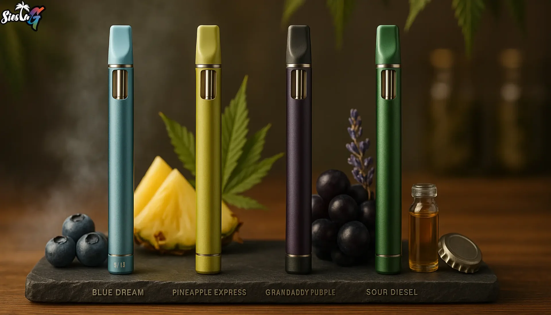 A highly detailed photograph of the best disposable vapes near me displayed on a polished wooden counter.