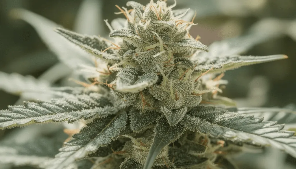 Crystalline trichomes containing raw thc a on a premium organic hemp flower