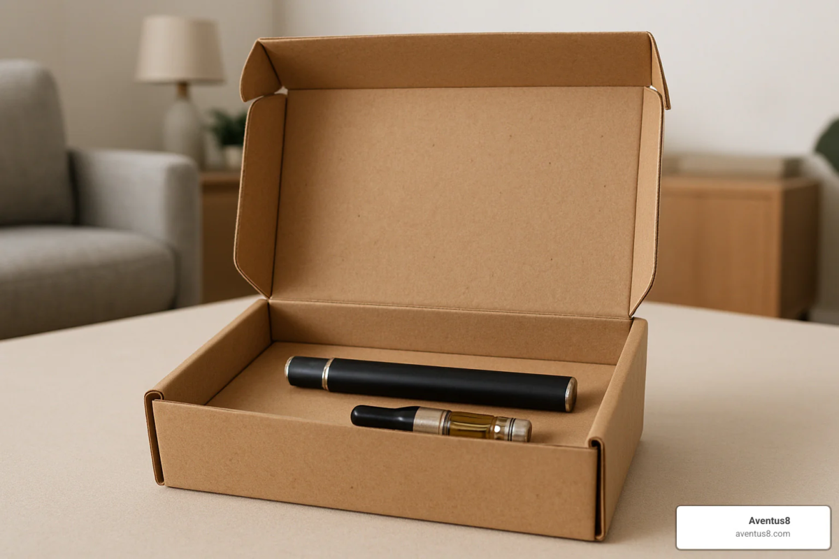 A discreet delivery box showing premium weed vape products arriving securely at a home address.