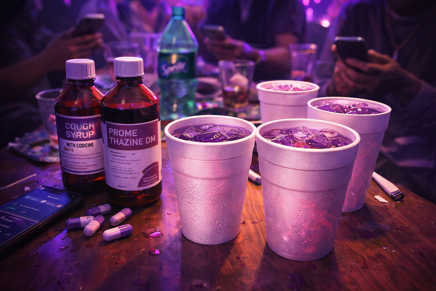 A bottle of prescription codeine cough syrup with a clinical dosing syringe on a clean counter
