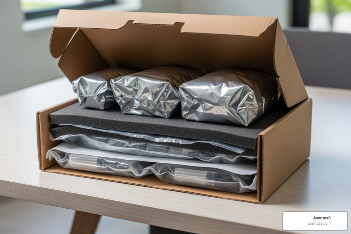 Discreet shipping box containing premium cannabis dispensary selections showing maximum con