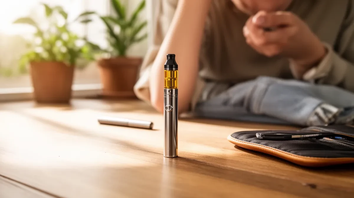 Premium rechargeable thc vape pen lying next to organic botanical terpenes on a wooden background from Prime THC Supply